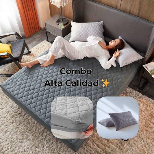 Combo Protector de Colchón premium  + Protectores de Almohada | Antiácaros y Acolchado ✨
